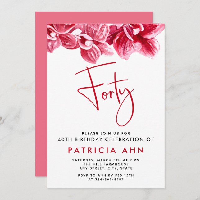 Watercolor Blush Pink Orchids 40th Birthday Invitation (Front/Back)