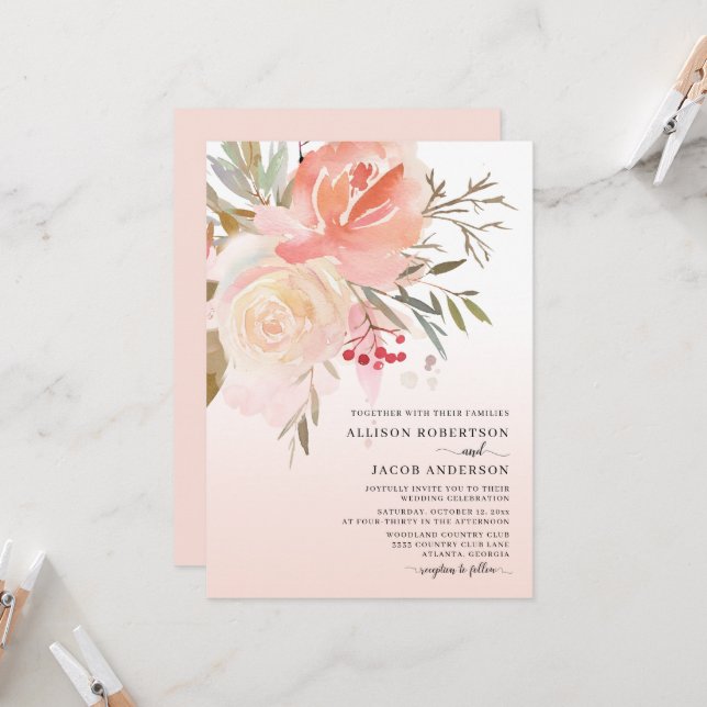Watercolor Blush Pink Peach Flower Wedding Invitation (Front/Back In Situ)