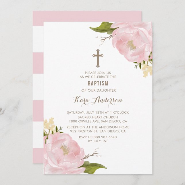 Watercolor Blush Pink Peonies Baptism Invitation (Front/Back)