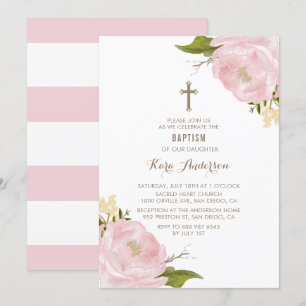 Watercolor Blush Pink Peonies Baptism Invitation