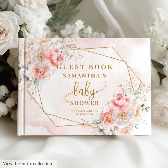 Watercolor blush pink peonies sage gold guest book (Powder pink gold peonies girl baby shower guest book

)