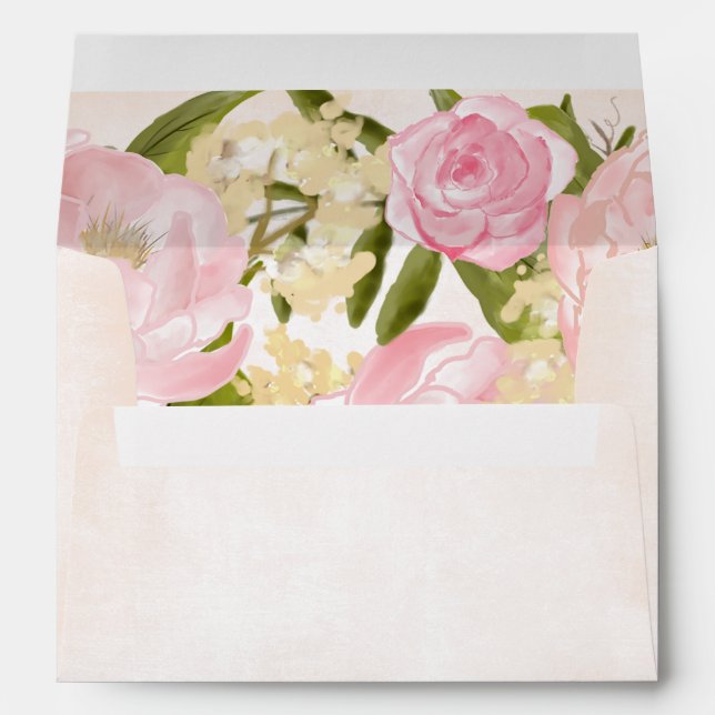Watercolor Blush Pink Peonies Wedding  Envelope (Back (Bottom))