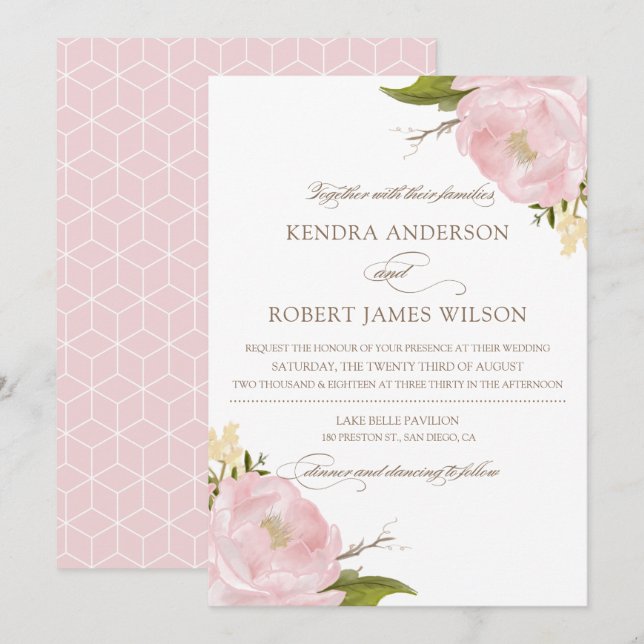 Watercolor Blush Pink Peonies Wedding Invitation (Front/Back)