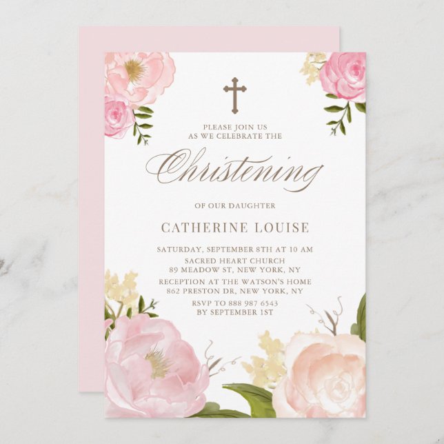 Watercolor Blush Pink Peony Floral Christening Invitation (Front/Back)