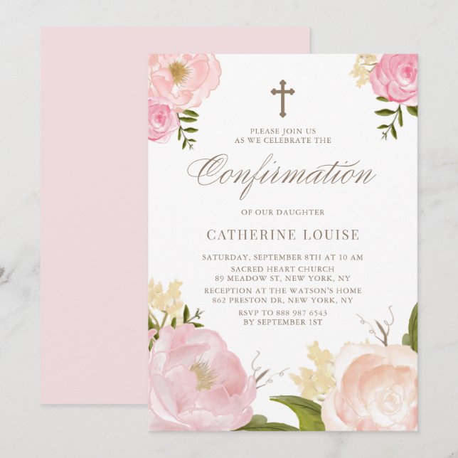 Watercolor Blush Pink Peony Floral Confirmation Invitation (Front/Back)