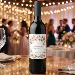 Watercolor Blush Pink Peony Gold Frame Quinceañera Wine Label