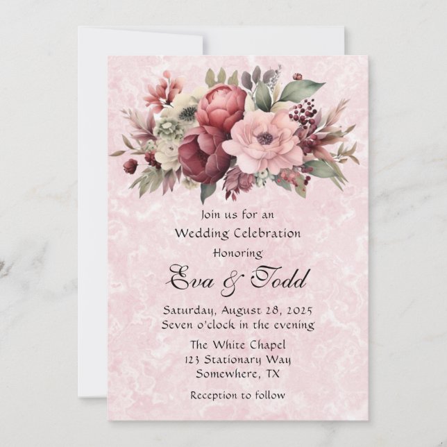 Watercolor Blush Pink Peony Marble Wedding Invitation (Front)