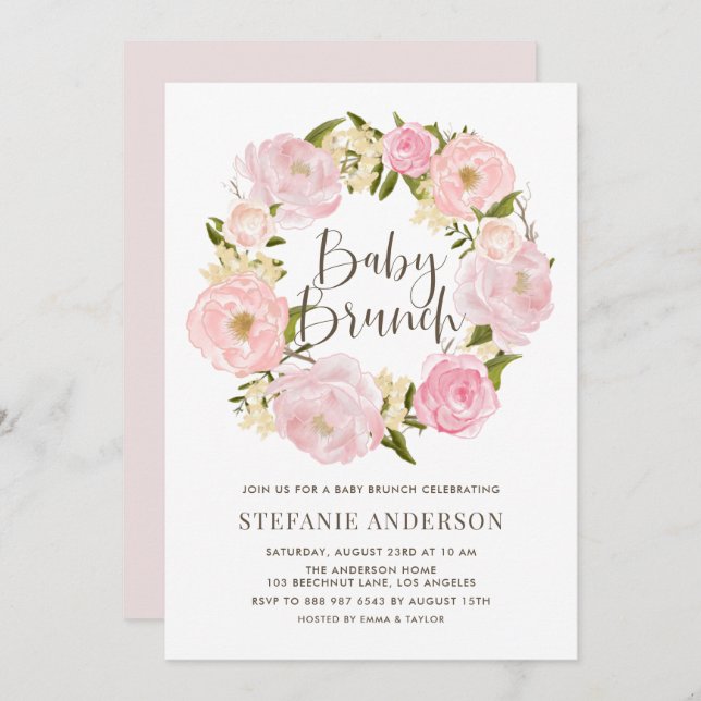 Watercolor Blush Pink Peony Wreath Baby Brunch Invitation (Front/Back)
