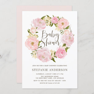 Watercolor Blush Pink Peony Wreath Baby Shower Invitation