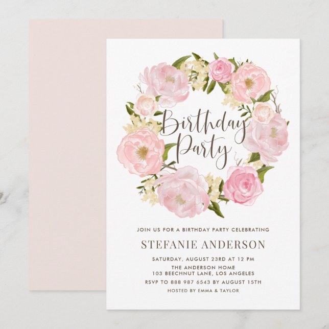 Watercolor Blush Pink Peony Wreath Birthday Party Invitation (Front/Back)