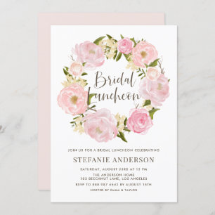 Watercolor Blush Pink Peony Wreath Bridal Luncheon Invitation