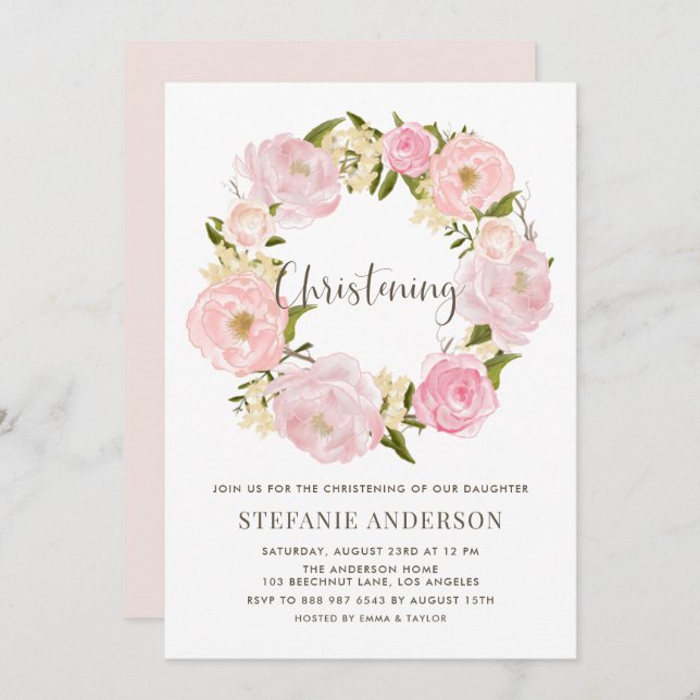 Watercolor Blush Pink Peony Wreath Christening Invitation (Front/Back)