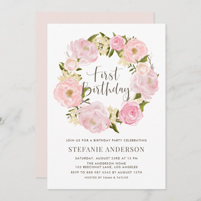 Watercolor Blush Pink Peony Wreath First Birthday Invitation (Front/Back)