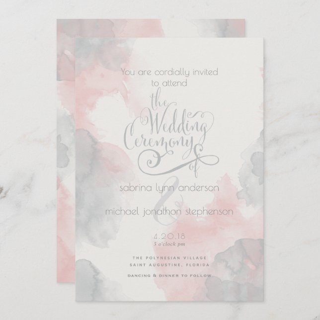 Watercolor Blush Pink Pewter theBarefootBride™ Invitation (Front/Back)