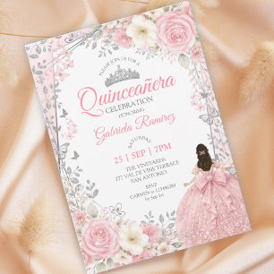 Watercolor Blush Pink Quinceañera Silver Invitation