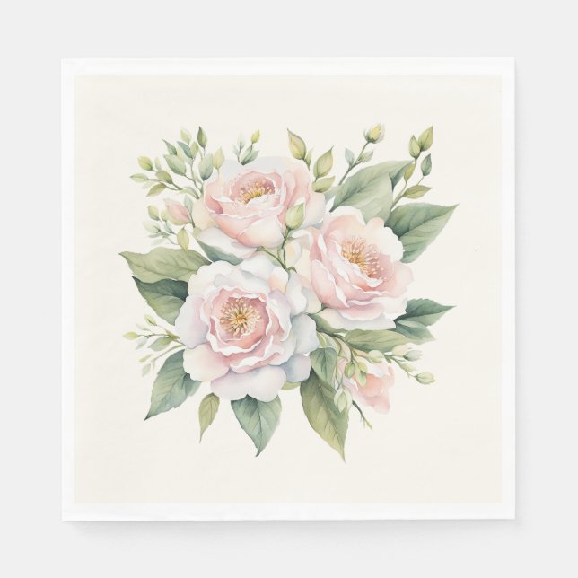 Watercolor Blush Pink Rose Bouquet Napkin (Front)