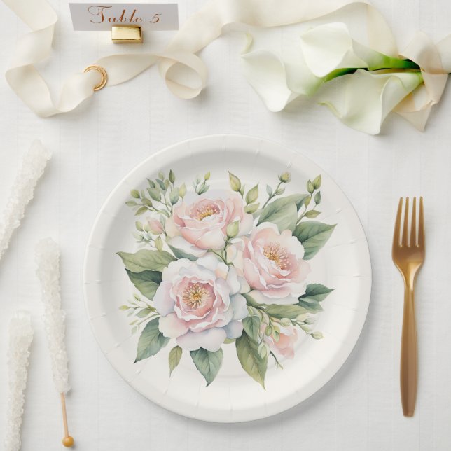 Watercolor Blush Pink Rose Bouquet Paper Plate (Wedding)