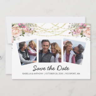 Watercolor Blush Pink Rose Floral White 3Photo Save The Date