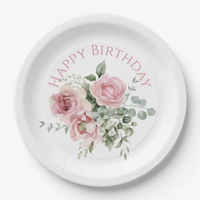 Watercolor Blush Pink Rose Pattern Paper Plate (Front)