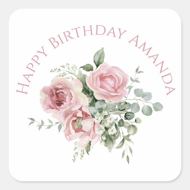 Watercolor Blush Pink Rose Pattern Square Sticker (Front)
