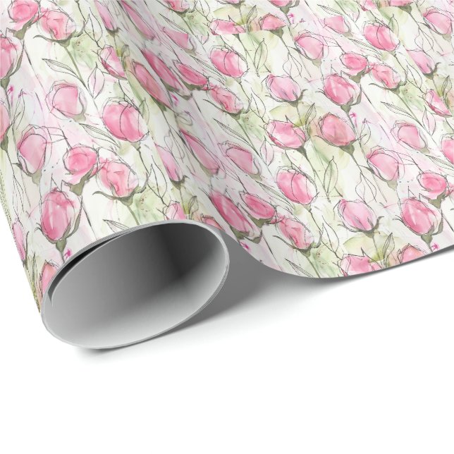 Watercolor Blush Pink Rosebuds Wrapping Paper (Roll Corner)