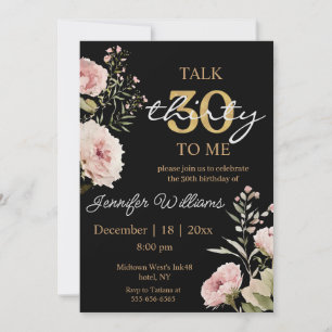 watercolor blush pink roses 30th birthday black invitation
