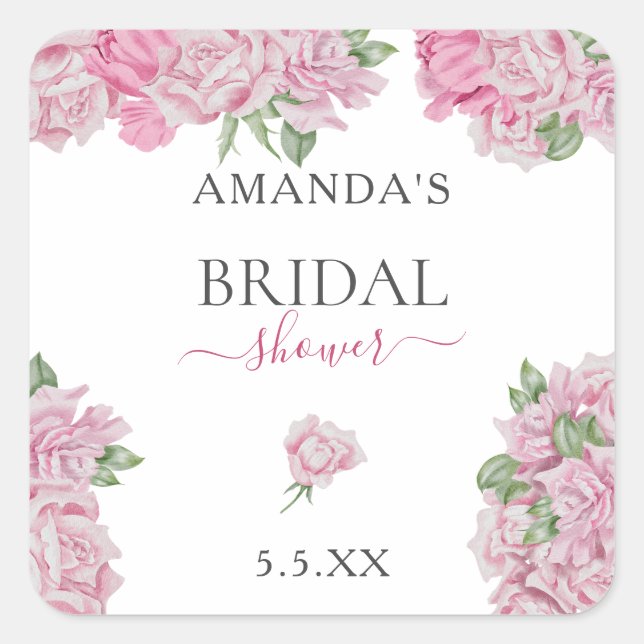 Watercolor blush pink roses bridal shower square sticker (Front)