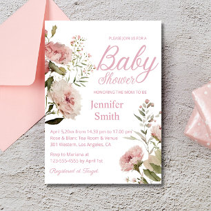 watercolor blush pink roses chic girl baby shower invitation