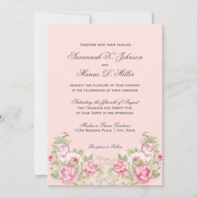 Watercolor Blush Pink Roses Wedding Invitations (Front)