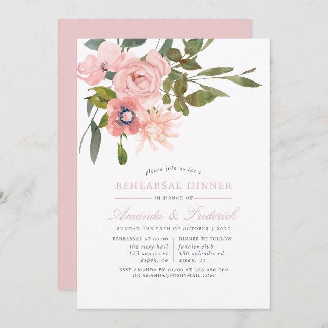 Watercolor Blush Pink Wedding Rehearsal Dinner Invitation (Front/Back)