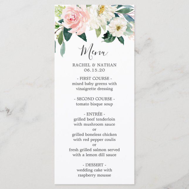 Watercolor Blush Pink & White Bloom Floral Wedding Menu (Front)