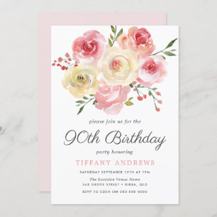 Watercolor Blush Pink Womans 90th Birthday Invite
