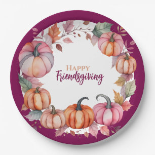 Watercolor Blush Pumpkins Autumn Leaf Frame Design Paper Plate