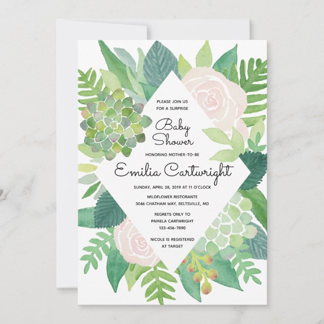 Watercolor Blush Rose and Succulent Baby Shower Invitation (Front)