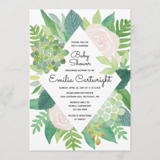 Watercolor Blush Rose and Succulent Baby Shower Invitation