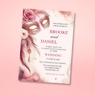 Watercolor Blush Rose Feather Masquerade Wedding Invitation