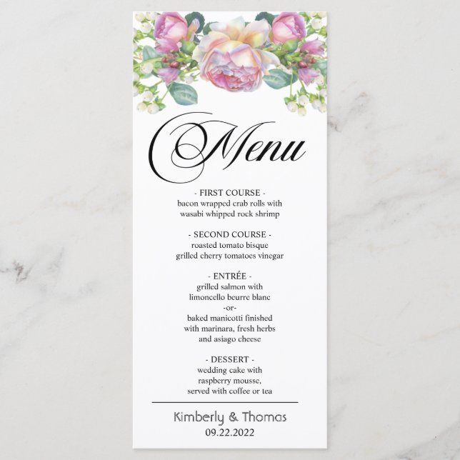Watercolor Blush Rose Wedding Dinner Menu (Front)