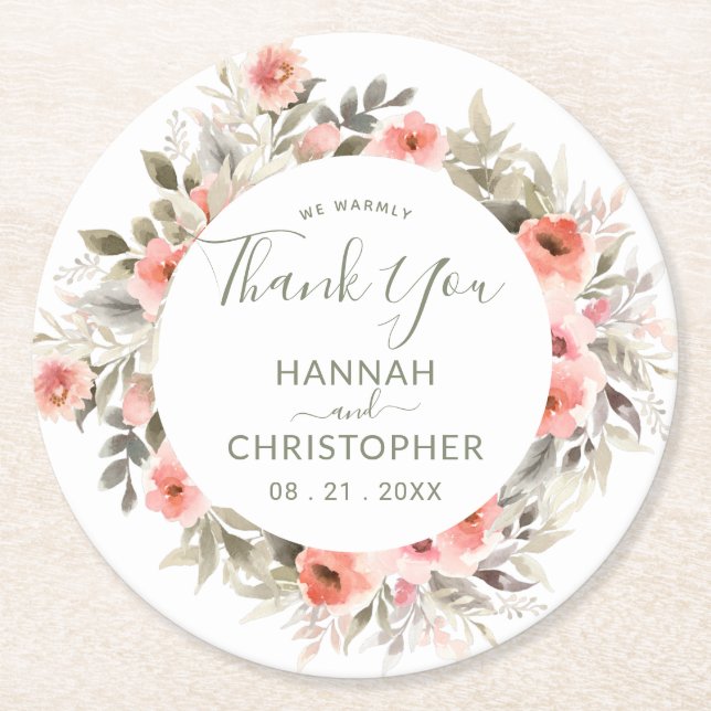 Watercolor Blush Rose Wreath Thank You Round Paper Coaster (Front)