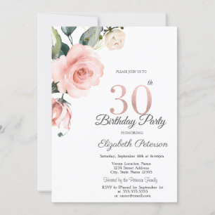 Watercolor Blush Roses 30th Birthday Invitation