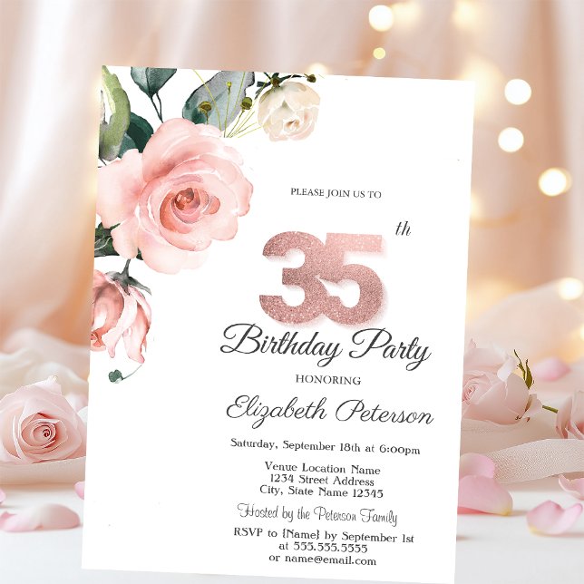 Watercolor Blush Roses 35th Birthday Invitation (Creator Uploaded)