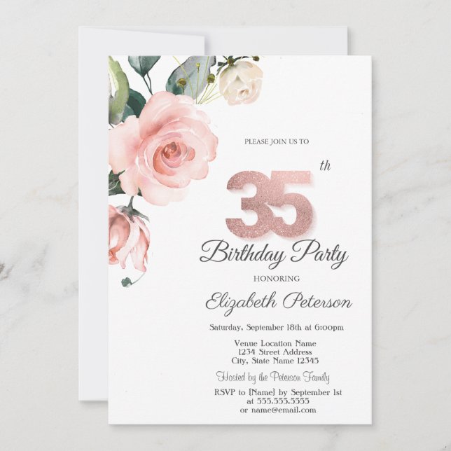 Watercolor Blush Roses 35th Birthday Invitation (Front)
