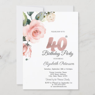 Watercolor Blush Roses 40th Birthday Invitation