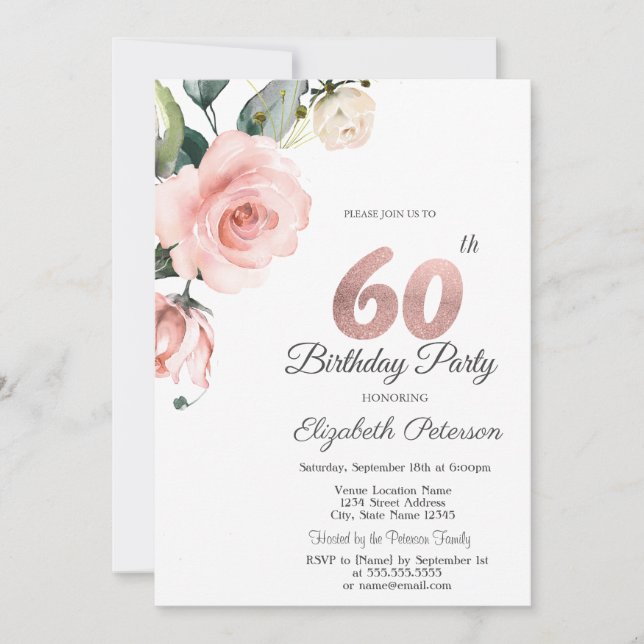 Watercolor Blush Roses 60th Birthday Invitation (Front)