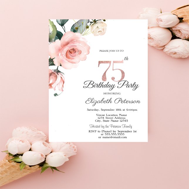 Watercolor Blush Roses 75th Birthday Invitation (Creator Uploaded)