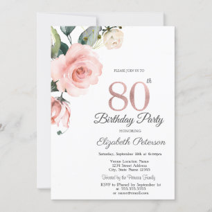 Watercolor Blush Roses 80th Birthday Invitation
