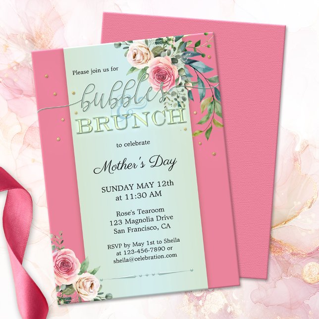 Watercolor Blush Roses Bubbles and Brunch Invitation (Elegant Mother's Day bubbles & brunch invitation featuring watercolor blush pink roses on pastel)