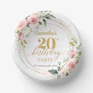 Watercolor Blush roses eucalyptus gold 20 birthday Paper Plate