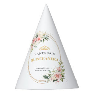 Watercolor Blush roses eucalyptus gold Quinceanera Party Hat