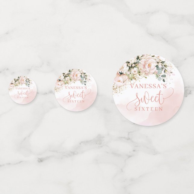 Watercolor Blush roses eucalyptus sweet sixteen Confetti (Fronts)