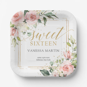 Watercolor Blush roses eucalyptus sweet sixteen Paper Plate